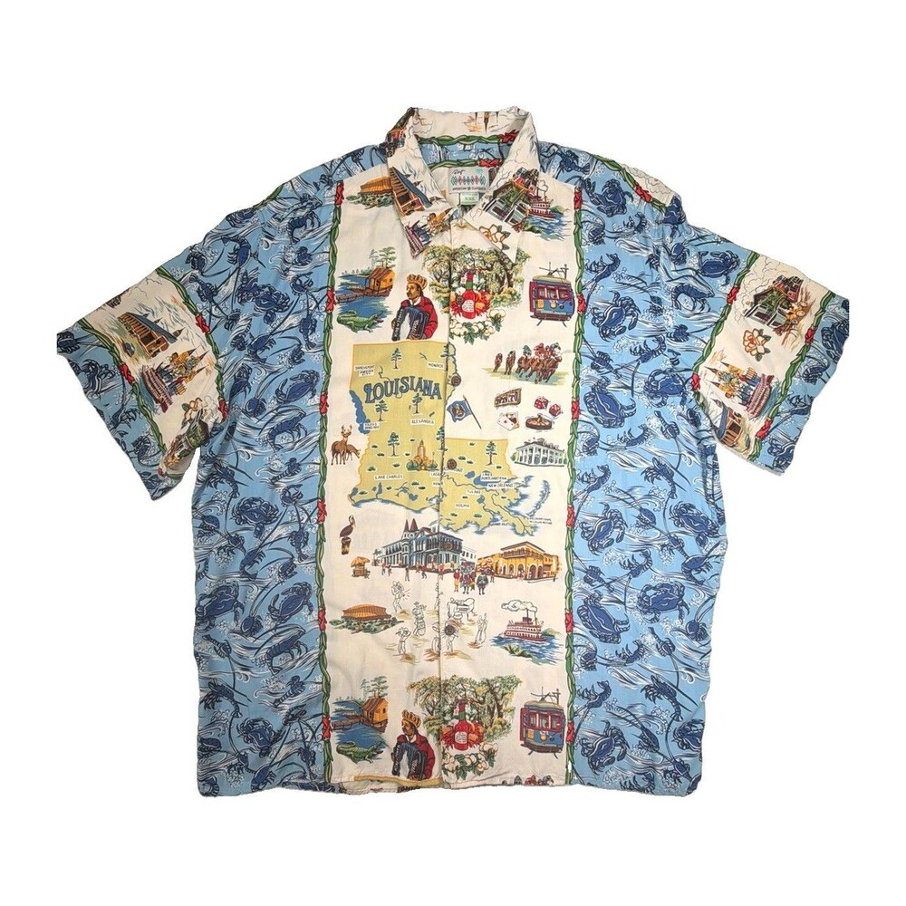 VTG Reyn Spooner Louisiana State Map Crawfish New Orleans Hawaii Shirt XXL Blue